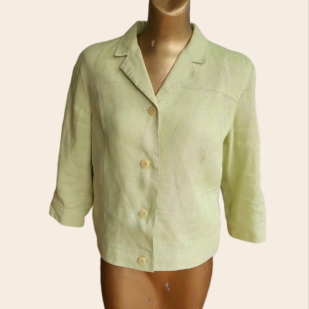 Talbots Lime Green 100% Irish Linen Four Button Front Short Jacket Size 10